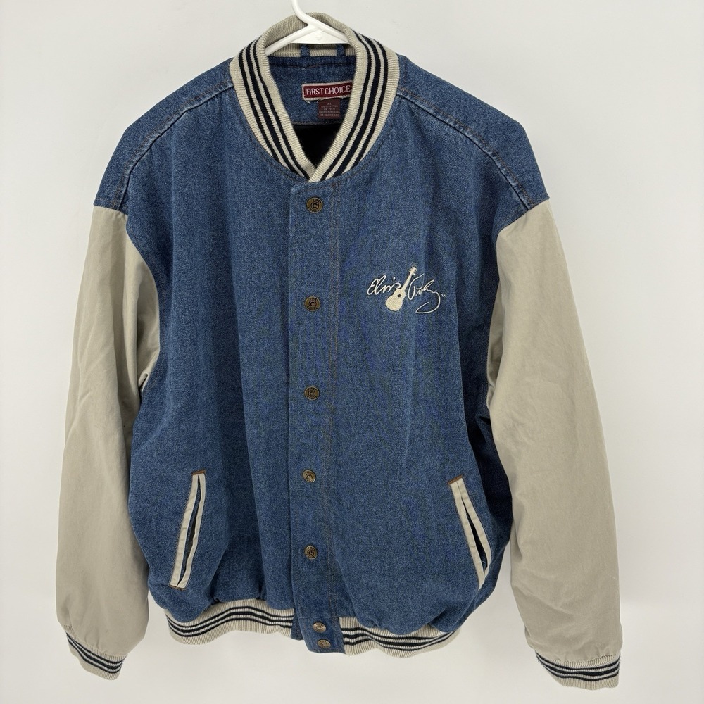 Vintage Elvis Presley Bomber Jacket Adult XL Blue White Denim Jean Coat